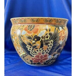 Vintage Porcelain Orange and Black Swan Chinese Bowl Planter